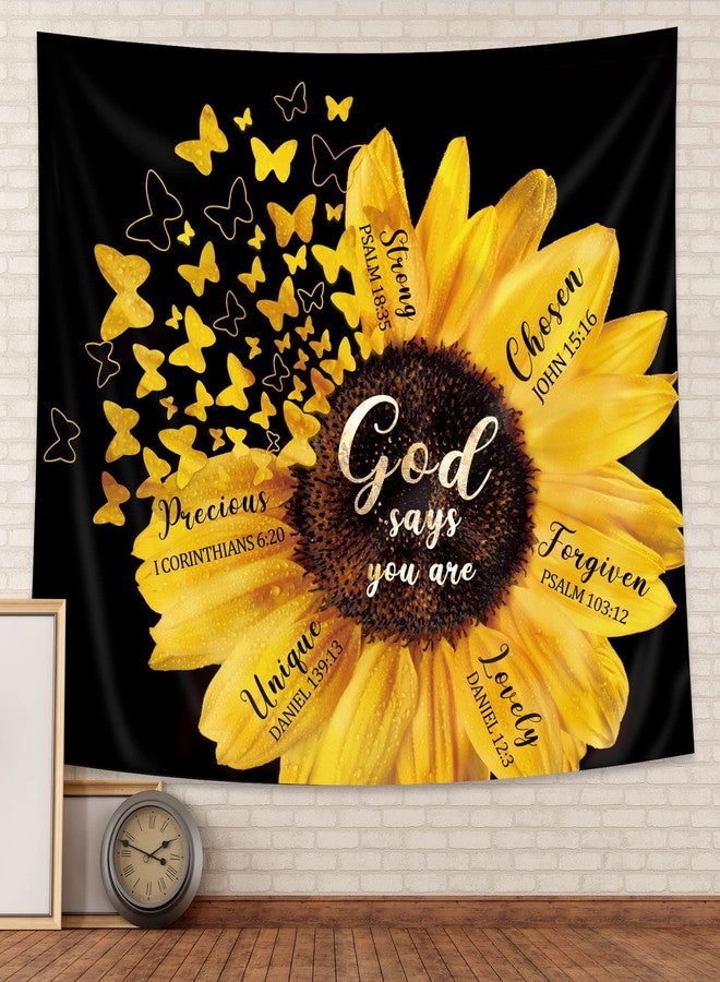 AMBZEK Black Yellow Sunflower Tapestry 51Hx59W Inch Bible Verse Quotes Girl Women Floral Butterfly Bedroom Wall Art Blooming Flower Rustic Country Nature Wall Hanging Living Room Dorm Decor Fabric - Image 1